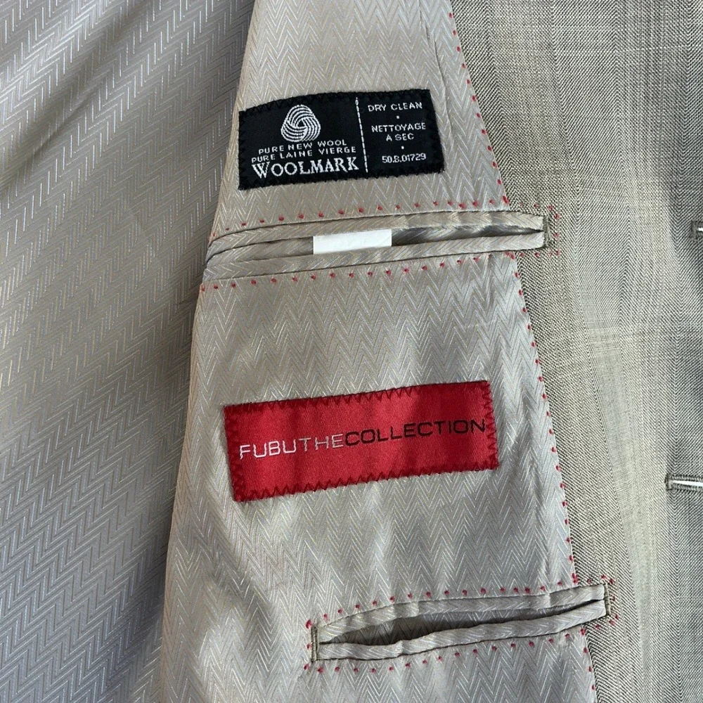 FUBU THE COLLECTION Blazer Mens 46L Olive Tan 100% Wool 4 Button Herringbone